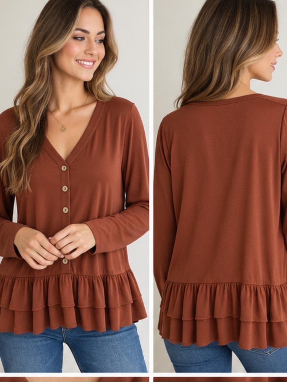 Entro Rust Brown Button Front Top Ruffle Hem Long Sleeve V Neck Blouse
